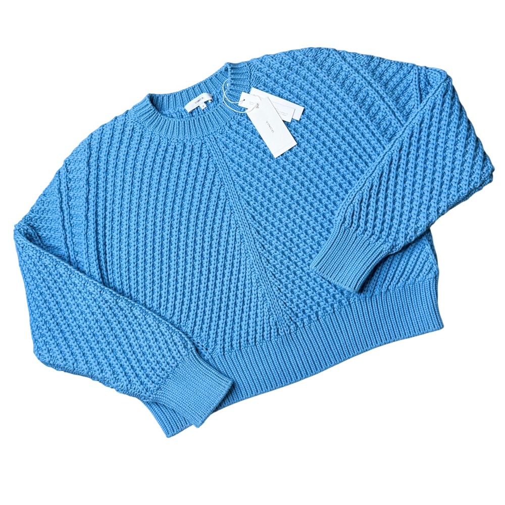 NWT Vince Directional Rib Cotton Pullover - Blue Chunky Fisherman Luxury cropped